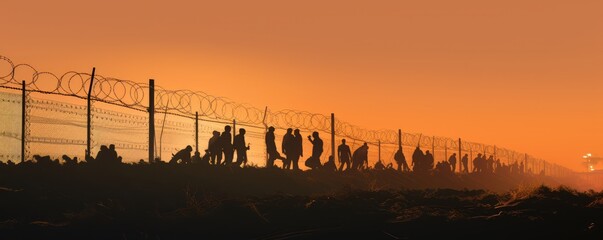 group of refugees behind a barbed wire fence during sunset, signaling the loss of freedom and hope