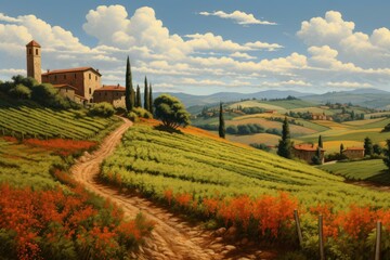 Vibrant Retro italian landscape view. House european. Generate Ai - obrazy, fototapety, plakaty