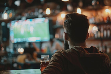 Man watching football game in sport bar. People drinking beer and watching soccer match on...