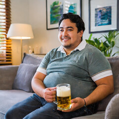 Sedentary overweighted young man holding a beer pint seated on his sofa