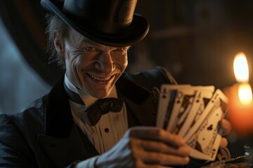 Magician Joker face with funny smile character in top hat smiling while holding up cards. Generative AI. - obrazy, fototapety, plakaty