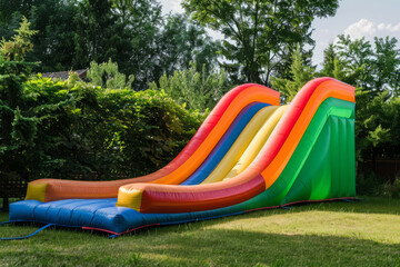 Colorful inflatable bounce slide stands ready for play in homes backyard with green grass. Entertainment for children at birthday party