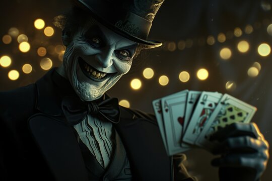 Magician Joker face with funny smile character in top hat smiling while holding up cards. Generative AI.