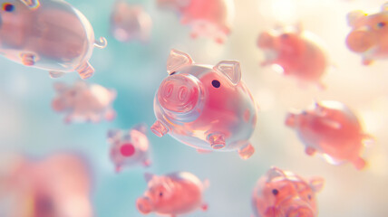 Transparent pink piggy banks floating in a dreamy sky, symbolizing financial goals, savings, and investments. - obrazy, fototapety, plakaty