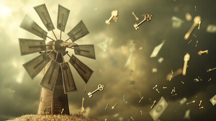 A whimsical windmill with dollar bill blades amidst floating keys, suggesting concepts of investment, opportunity, and unlocking wealth.
