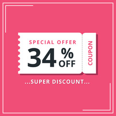 Discount coupon for special offer, super offer of 34% off. Discount banner vector illustration.