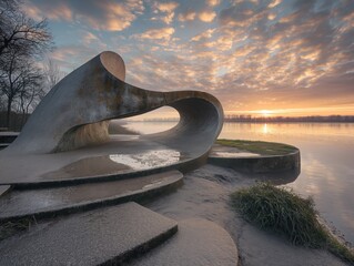 A large sculpture is sitting on a concrete platform next to a body of water. The sculpture is shaped like a wave, and the water is calm and still. The sky is a mix of orange and pink hues - obrazy, fototapety, plakaty