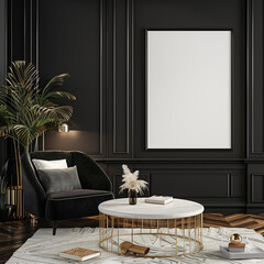 Mockup frame in black living room interior with retro decor, 3d render