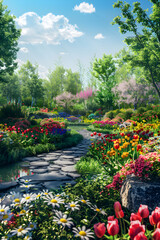 Colorful Springtime Garden: Digital Illustration of Blooming Flowers, Serene Pond, and Sunlit Scenery