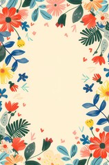 simple illustration with colorful flowers and leaves It has a large empty space in the middle for text.