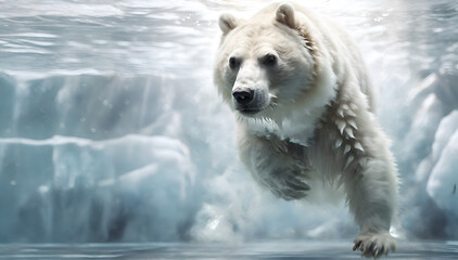 handsome white bear diving under water in Arctic ocean. close up. Digital artwork. Ai generated