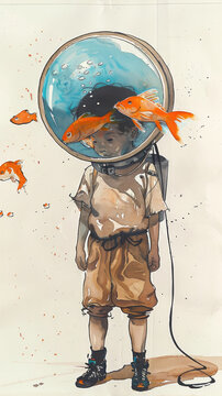 ink painting of a boy in regular clothes wearing a water filled deep diver helmet with a fish inside, illustration made with generative AI