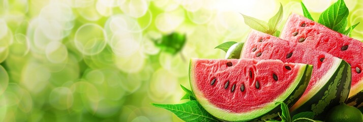 fresh juicy slices of watermelon isolated on blurred summer background, panoramic empty space