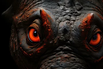 Fotobehang Vibrant Rhino animal with bright orange color. Wild African animal with one horn in dark illumination. Generate ai © juliars