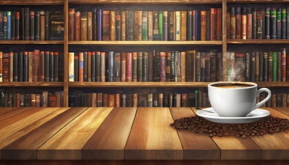 Close-up an empty wooden table with a bookshelf filled, . Abstract creative backgrounds for school...
