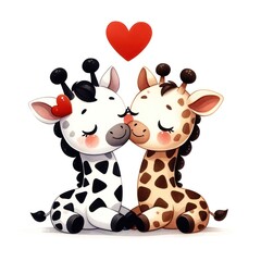 Two giraffes are hugging each other with a heart in the middle. The giraffes are cute and cuddly, and the heart symbolizes love and affection