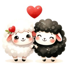 Two sheep holding hands and one has a heart on its head. The image is cute and heartwarming