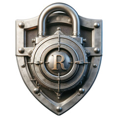 Patent concept with padlock. Metal lock in the form of shield in front of it with the letter 'R' written on the shield. Patent protects all copyrights. Working path saved