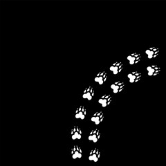 Pet paw print foot trail. Hand drawn, modern calligraphy, line on white background, isolated vector illustration on black.