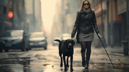 Full length portrait of young blind woman with guide dog and a walking stick crossing the street.