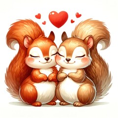Obraz premium Two cute little squirrels hugging each other with a heart in the middle. Concept of love and warmth