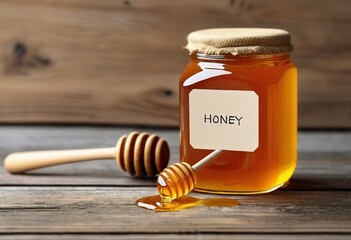 Empty Label Honey Jar on Wooden Table - A Mockup for Product Photography - obrazy, fototapety, plakaty