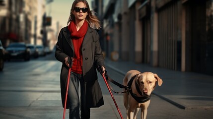 Guide dog helping blind woman in city. Visually impaired young lady walking with cane and dog.