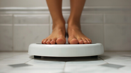  A person using a scale in bare feet. Weight management. Health and lifestyle. Healthy lifestyle choices