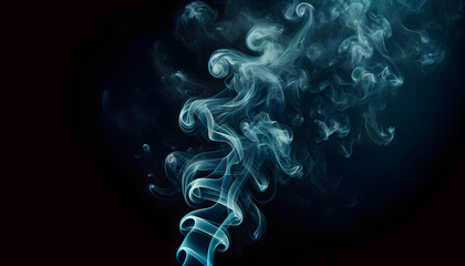 Wisps of cool azure smoke, delicately swirling in a dance against a pitch-black background - obrazy, fototapety, plakaty
