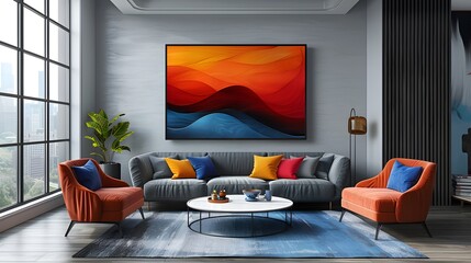 modern wall white art mockup, showcasing a bold abstract composition with vibrant colors and dynamic shapes, creating a striking focal point in any room