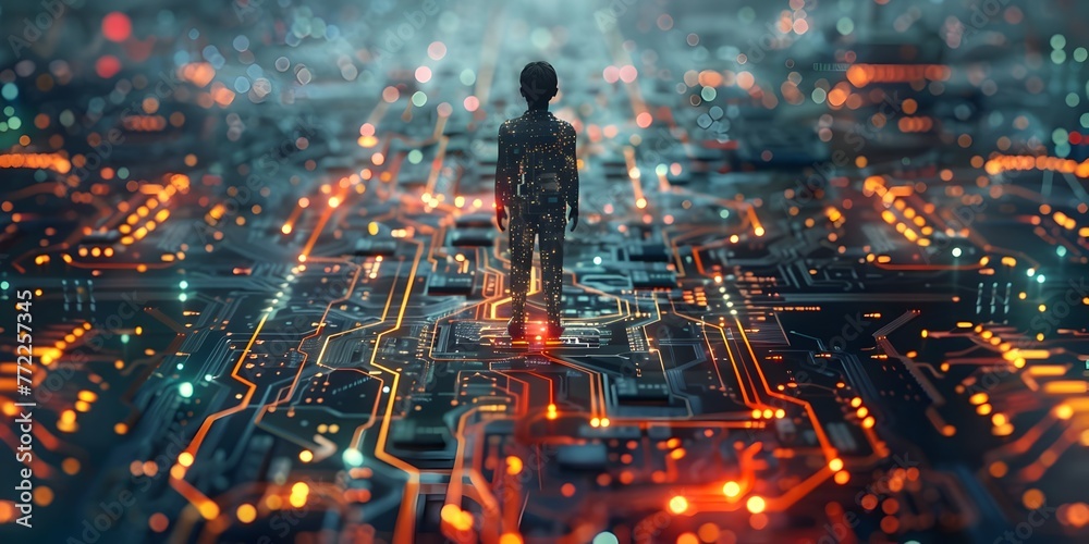 Poster interconnected circuit board character illuminating a futuristic grid of genius with copy space on d