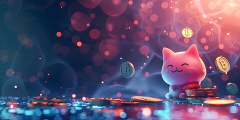 A whimsical and enchanting digital depicting a cute cartoon-like feline character trading or exchanging virtual cryptocurrency - obrazy, fototapety, plakaty