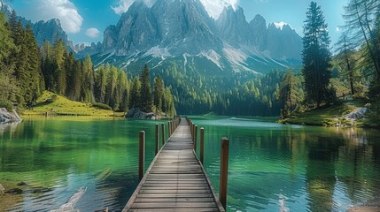A wooden deck winds its way along the sloping ground to an emerald green lake with a tall mountain peak behind the lake. Generative AI. - obrazy, fototapety, plakaty