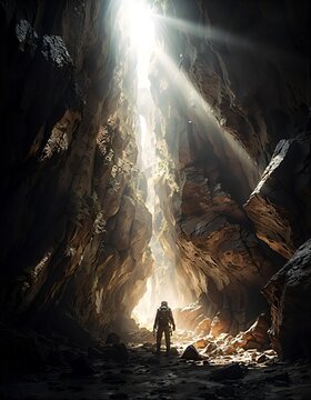 A Man in a spacesuit standing in a rocky cavern, bathed in light from an opening above