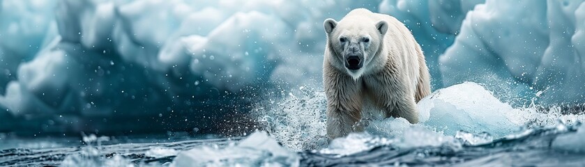 International Polar Bear Day awareness image featuring a polar bear on a melting ice background - obrazy, fototapety, plakaty