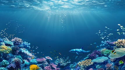 Fototapeta na wymiar World Oceans Day infographic showcasing diverse marine life against a deep blue ocean background