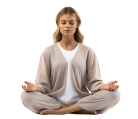 Serene woman meditating in lotus position wearing white, cut out