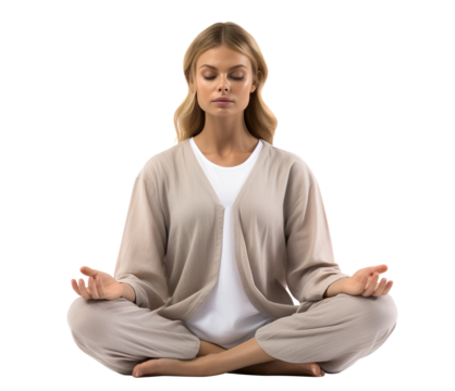 Serene woman meditating in lotus position wearing white, cut out