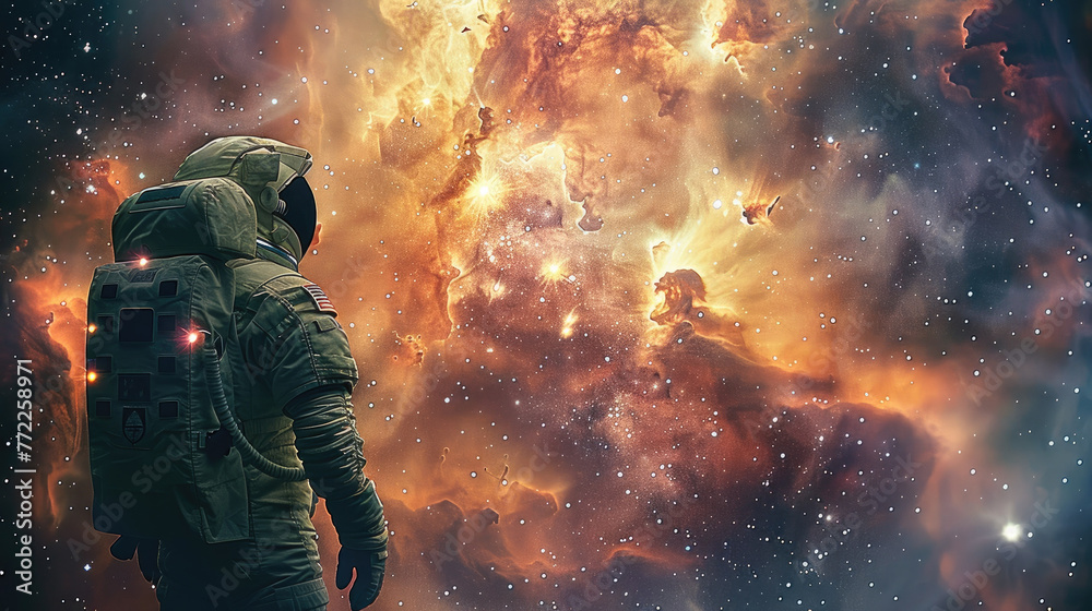 Poster An astronaut gazing out at a mesmerizing nebula. Generative AI.