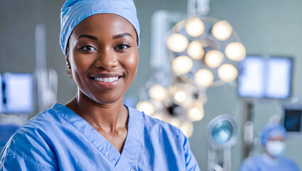 professional female surgeon, dressed in blue scrubs, stands ready in operating room. Surgical lights illuminate sterile environment. monitors display vital signs - Powered by Adobe