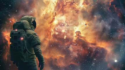 An astronaut gazing out at a mesmerizing nebula. Generative AI.