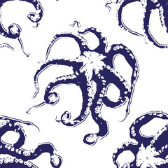 Seamless vector pattern with octopus on white background.