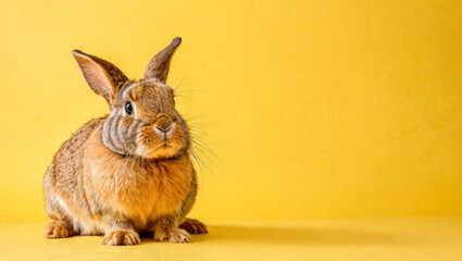 Fototapeta na wymiar rabbit on yellow background with copy space. red rubbit isolated on yellow background. rabbit animal with interested, question facial face expression
