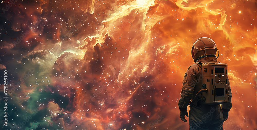 Poster an astronaut gazing out at a mesmerizing nebula. generative ai.