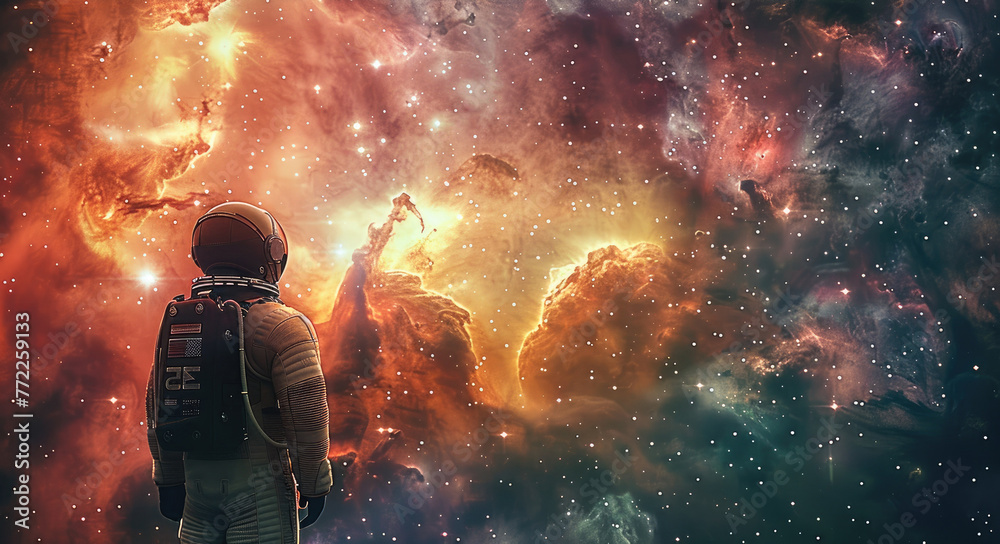 Poster An astronaut gazing out at a mesmerizing nebula. Generative AI.