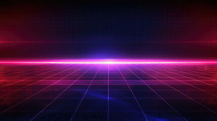 Abstract 80s retro neon synthwave background with grid and glowing light gradient