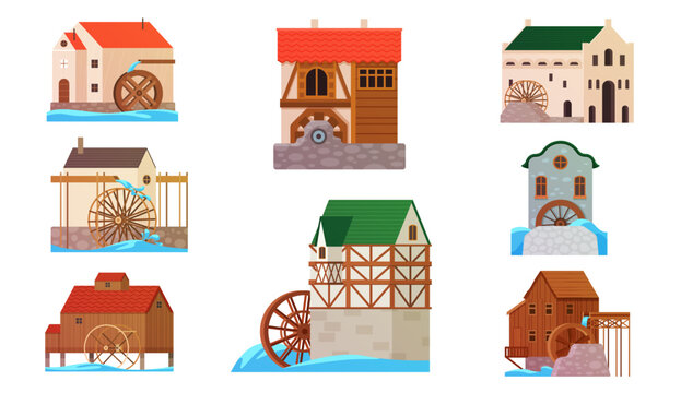 Old watermills set. Vintage stone and wooden houses with wheel to grind flour using kinetic energy of river stream, traditional countryside water mills for rural landscape cartoon vector illustration