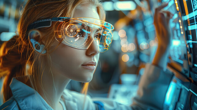 Young female Aircraft assembly line worker using AR glasses. Holographic schematics, tool icons. Generative AI.