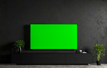Green screen mockup tv. Modern Living Room Interior With Smart Tv, black wall, And Potted Plant