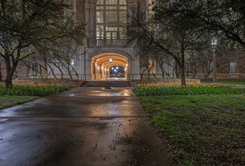 Night view of a pedestrian walkway on Texas Tech University in Lubbock, Texas, USA